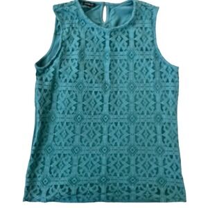 Talbots Top Women XS Jade Green Crochet Lace Sleeveless Overlay Shell Knit Shirt